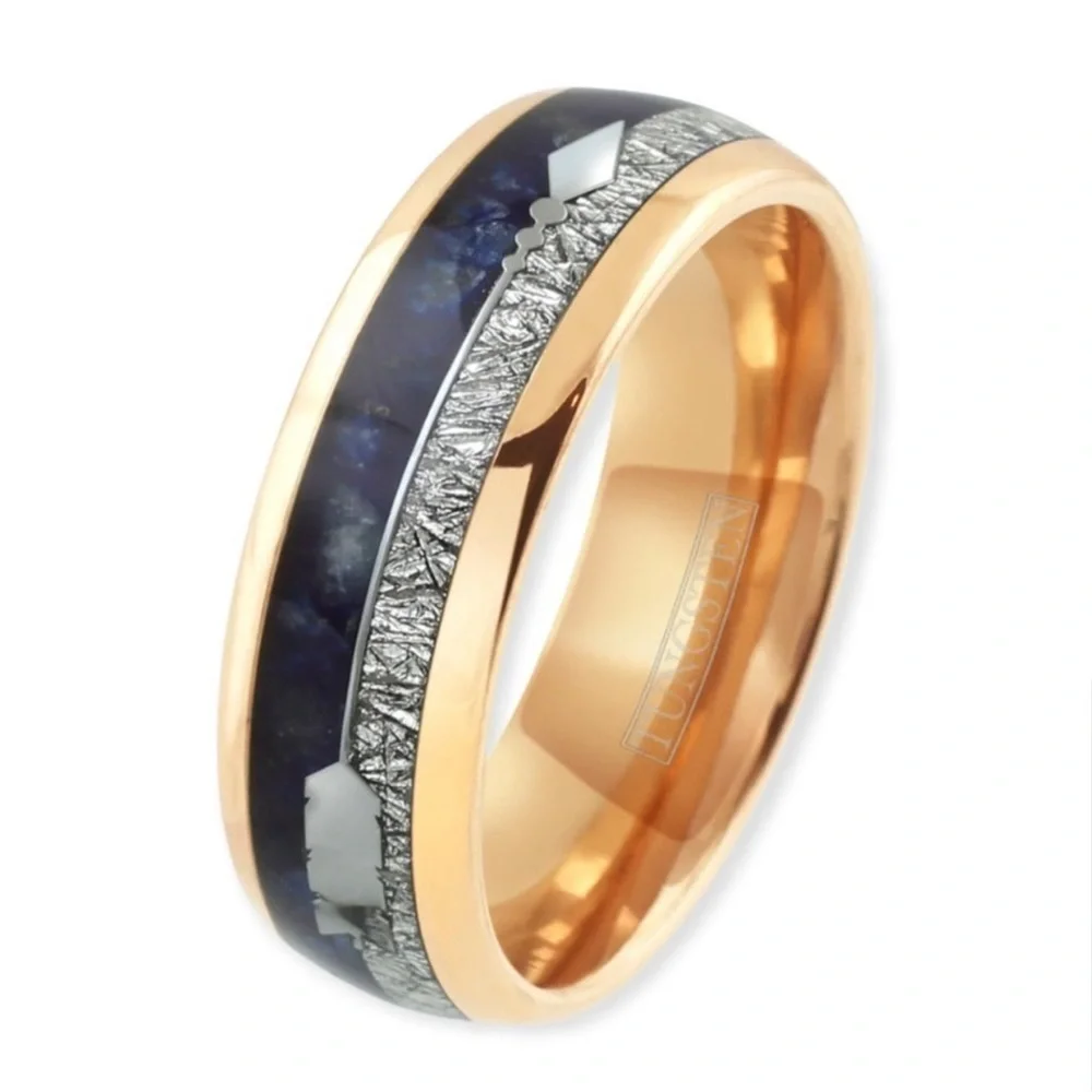 Genuine Rose Gold Tungsten Lapis Lazuli & Feathered Arrow Ring